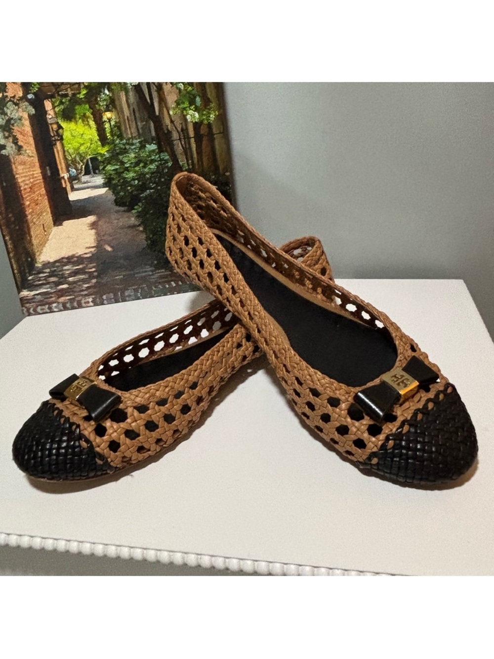 IN SEARCH OF!!!! ISO! DONOTBUY!!! Burch Tan Woven Flats with Black Cap Toe Bow